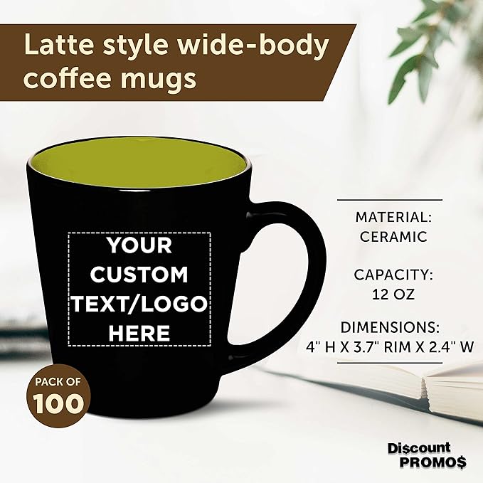 Custom Ceramic Coffee Latte Mugs 12 oz. Set of 100, Personalized Bulk Pack - Perfect for Coffee, Tea, Espresso, Hot Cocoa, Other Beverages - Lime Green