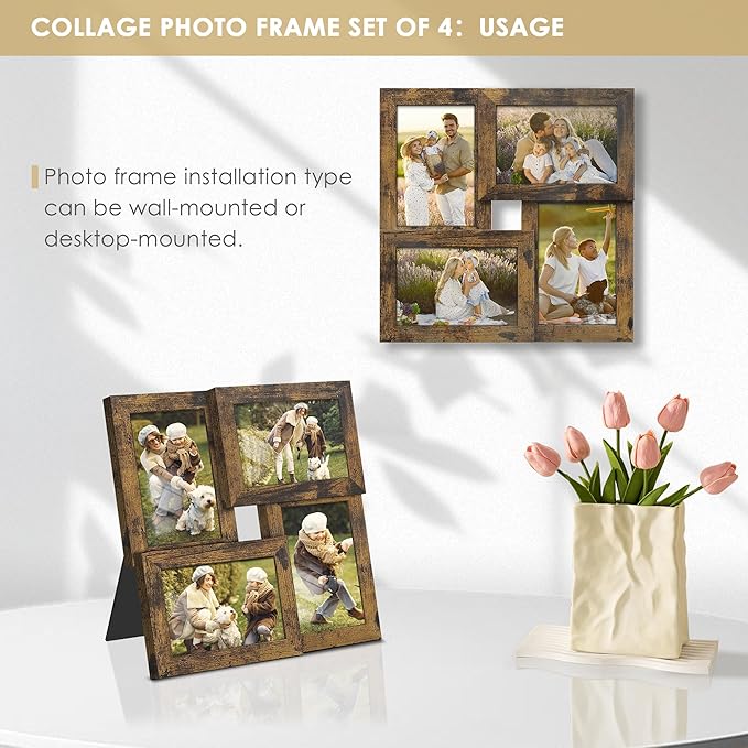 4x6 Collage Picture Frame Tempered Glass Front, Displays Four 4x6 Photo, Family Photo Collage Frame, Wall Decor Wall Hanging or Tabletop, Brown