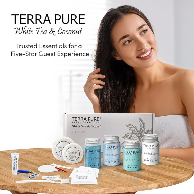 Terra Pure White Tea & Coconut Amenity & Accessory Kit |1oz Travel Size Shampoo, Conditioner, Lotion, Body Wash, 2 Cleansing Bars, Shave & Dental Sets, Make-Up Remover Wipes, & Vanity Kit | 15 Boxes