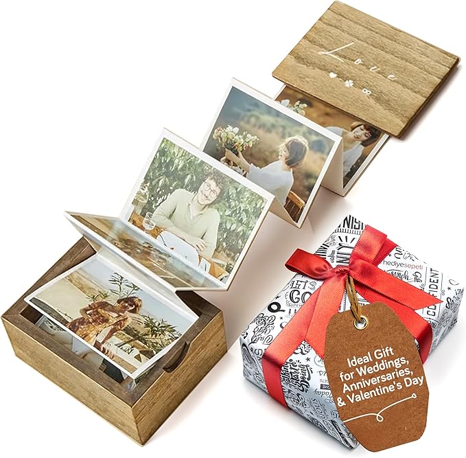 udelf Personalized Wooden Photo Box Gift with Accordion Picture Pull Out-Custom Gifts for Lover Husband Wife I Wedding Keepsake Box, Anniversary Box | Picture Box Gift I Holds 14 Photo Prints, 3""x2""