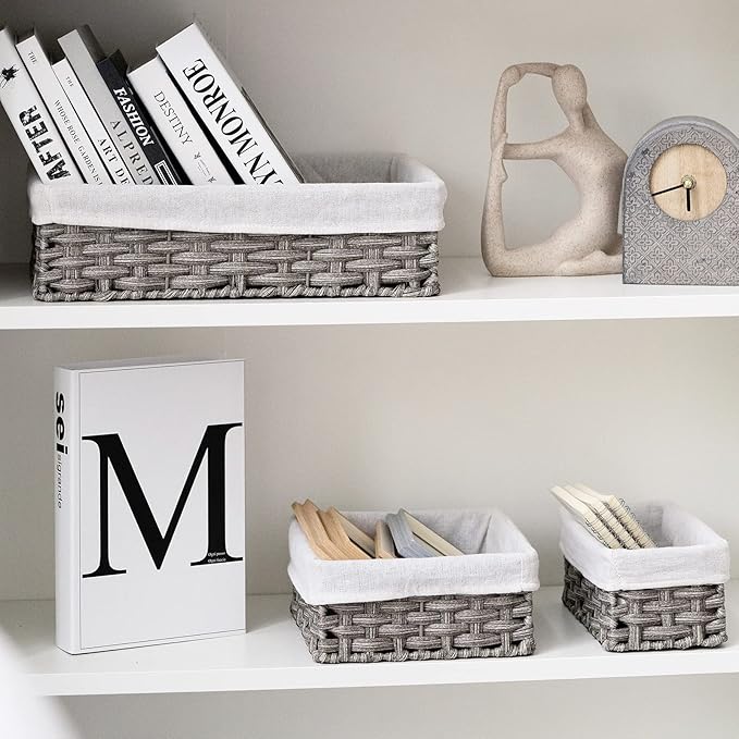 FairyHaus Wicker Baskets for Organizing 3 Pack, Waterproof Small Wicker Storage Basket for Shelves Rectangle, Nesting Lined Grey Plastic Woven Basket