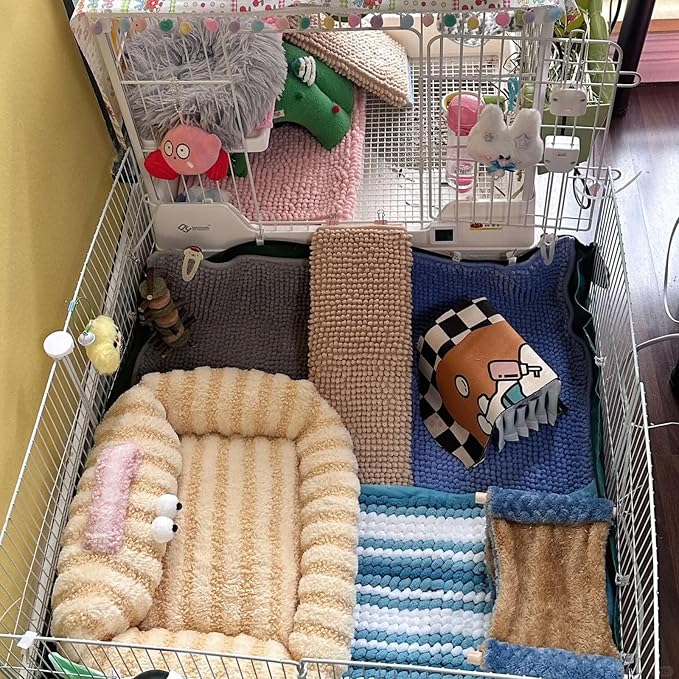 4 Pcs Guinea Pig Cage Liner, Bunny Washable Mats Rug Guinea Pig Fleece Bedding Reusable Rabbit Liner Small Animal Sleeping Bed for Bunny Ferret Rat Chinchilla