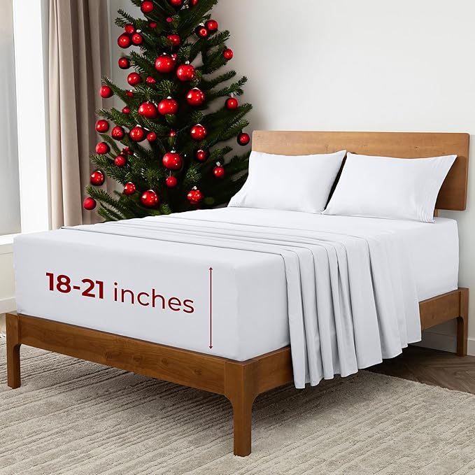 Mellanni Extra Deep Queen Sheets - 4 PC Iconic Collection Bedding - Hotel Luxury, Ultra Soft, Cooling Bed Sheets - Wrinkle, Fade, Stain Resistant (Queen, White)