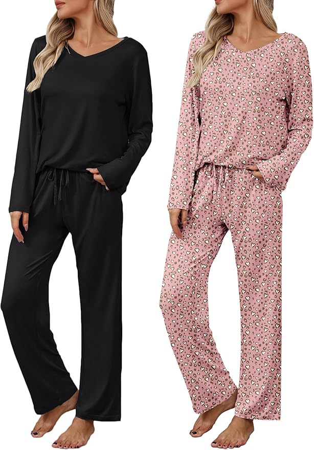 Ekouaer Womens 2 Pack Pajama Set Long Sleeve Pajamas Top and Pants V Neck Pjs Set Soft Loungewear with Pockets