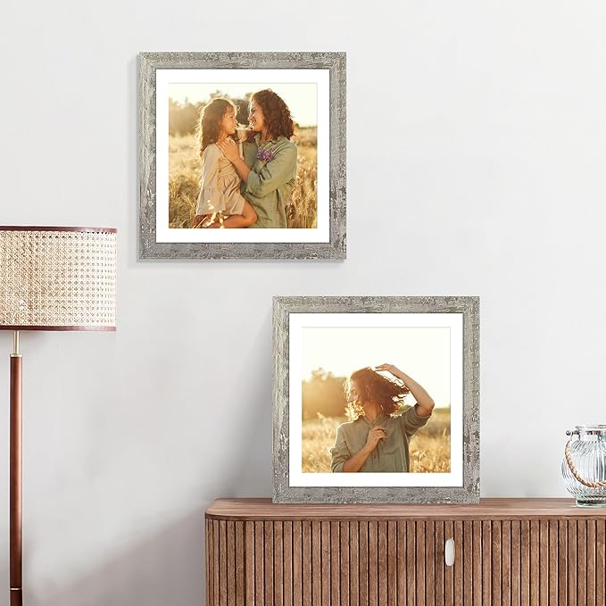 iRahmen 12x12 Picture Frame Set of 4 with Tempered Glass, Display 10x10 Picture with Mat or 12 x 12 Without Mat, Rustic Wood Square Photo Frame for Desktop Display and Wall Mounting