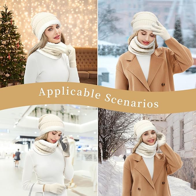 MAYLISACC Winter Knit Beanie Hat Neck Warmer Scarf and Touch Screen Gloves Set 3 Pcs Fleece Lined Skull Cap for Men Women