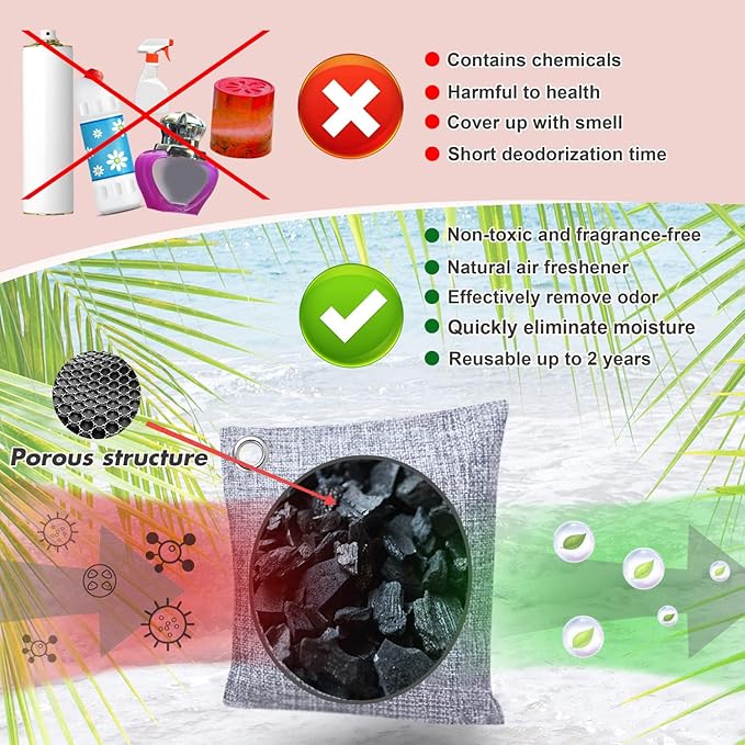 Activated Charcoal Odor Absorber for Strong Odor in Basement, Cars, Closets, Shoes. 3 Pack Bamboo Charcoal Air Purifying Bags Deodorizer Odor Eliminator for Home
