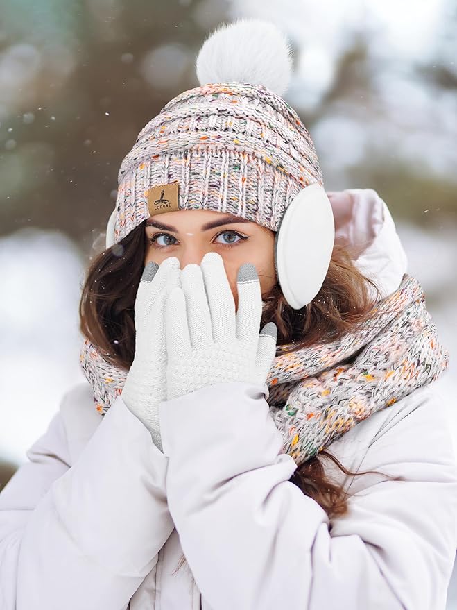 Winter Hat Scarf Gloves and Ear Warmer, Warm Knit Beanie Hat Touch Screen Gloves Set Winter Gifts Neck Scarves for Women