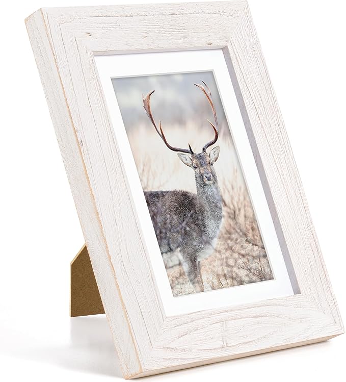 Fun Memories 5x7 Picture Frame, Natural Elm Wood, White, 5"x7" with Tempered Glass & Mat for 4x6, Rustic Wall & Tabletop Display, 1 Pack