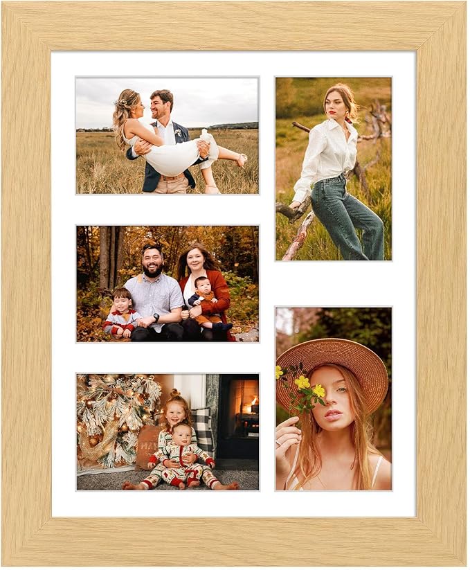 11x14 Picture Frame Display 5 opening 4X6 Picture Frame Collage,Multi Photo Frame with Mat,Plexiglass,Wall or Tabletop Decor,Natural Wood Grain