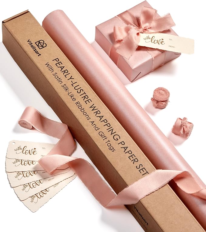 Vitalizart Pink Wrapping Paper Set 30" Pearly-Lustre With Silk Like Satin Ribbon & Gift Tags Recyclable Christmas Gift Wrapping Birthday Baby Shower Wedding Handmade Crafts 197"(16.4 Ft)