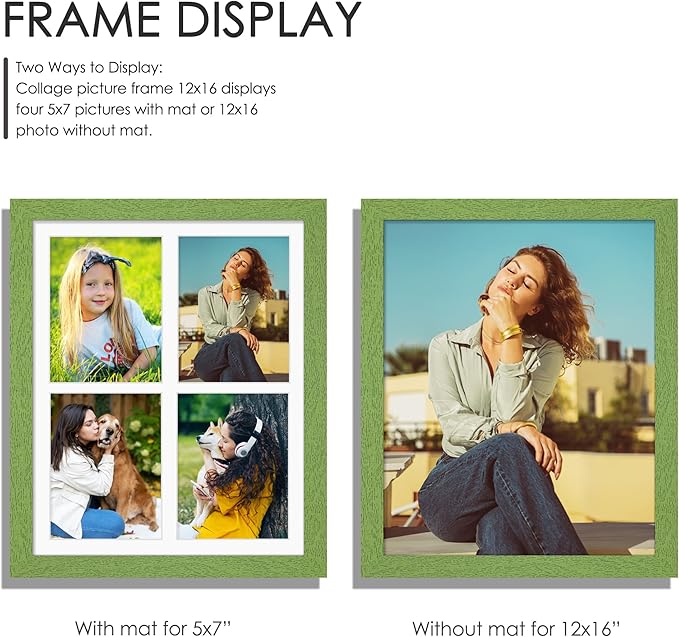 12x16 Picture Frame 5x7 Collage Picture Frame Displays Four 5x7 inch Photos or 12x16 (Without Mat) for Available Horizontal Wall Mounting Display and Vertical Green