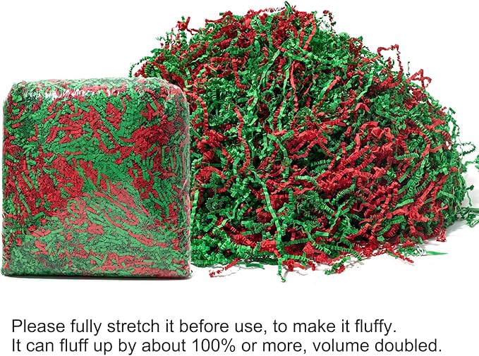 Mefleet 1/2 LB Crinkle Cut Paper Shred Filler 8 oz Green & Red Crinkle Shredded Paper for Gift Box - Gift Basket Bag Filler - Grass Cushion Stuffing for Christmas Holiday Packaging Wrapping