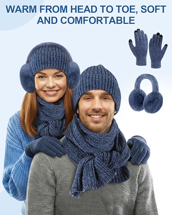 Geyoga 6 Pcs Winter Knit Set Beanie Hat Long Scarf Touchscreen Gloves Ear Muff Socks Warm Valentine Gift for Women Men Snow(Blue,Classic Style)