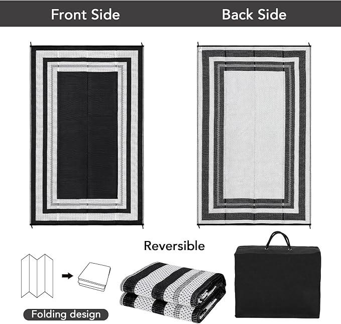 Waterproof Plastic Straw Outdoor Rug 9x18 Patio Reversible UV Resistant Foldable Camping Carpet Modern Border Large Outdoor Rugs for Deck, Picnic, Porch, Camper, Balcony, Beach，Black/White