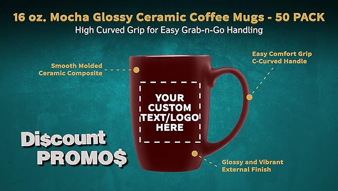 DISCOUNT PROMOS 50 Large Mocha Glossy Ceramic Coffee Mugs Set, 16 oz. - Customizable Text, Logo - Stoneware, Smooth, Durable, C-handle - Maroon