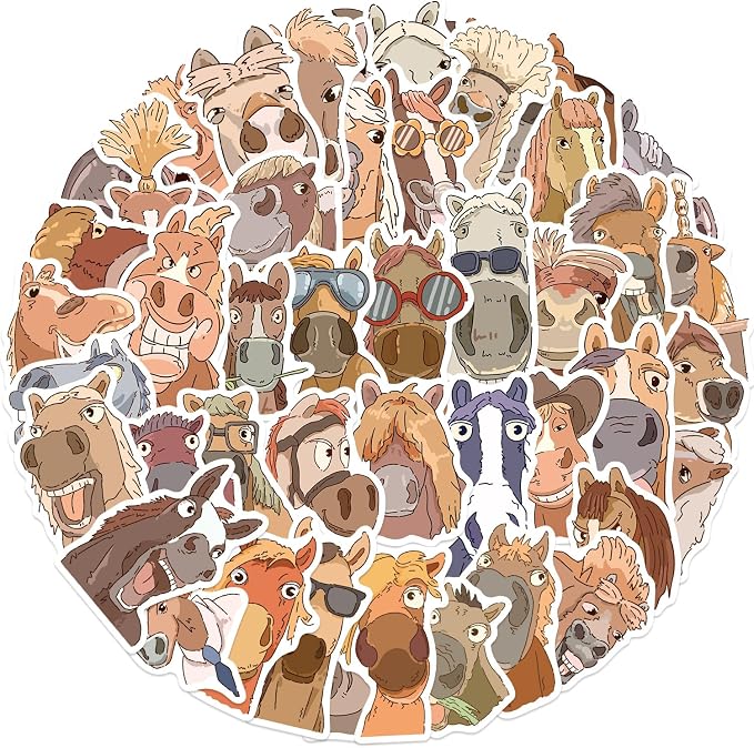 50Pcs Funny Horse Sticker Pack for Kids Teens Adults, Vinyl Cartoon Animals Decals Kawaii Meme Sticker for Decor Water Bottles Laptops Guitar Scrapbook (Horse)
