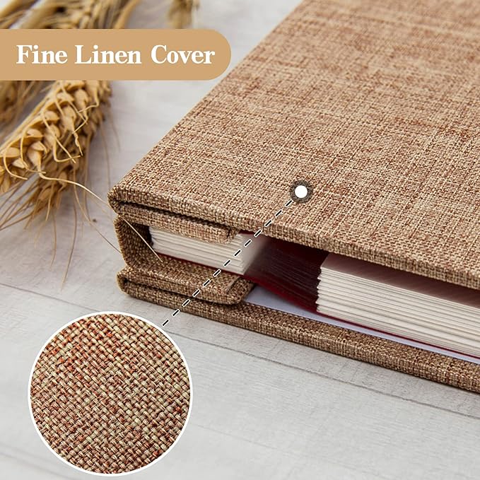 potricher Large Photo Album Self Adhesive 3x5 4x6 5x7 8x10 Pictures Linen Cover 40 Blank Pages Magnetic DIY Scrapbook Album with A Metallic Pen (Khaki, 11x10.6 Inches 40 Pages)