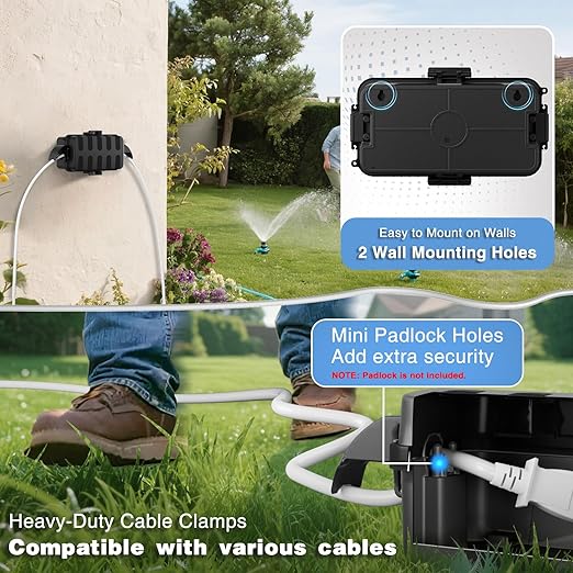 FLEMOON IP55 Outdoor Electrical Box Waterproof with Detachable Awning Covers, 8.3 x 4.1 x 3.7 inch Weatherproof Extension Cord Cover, Easy Installation for Outdoor Plug, Outlet, String Lights, Black