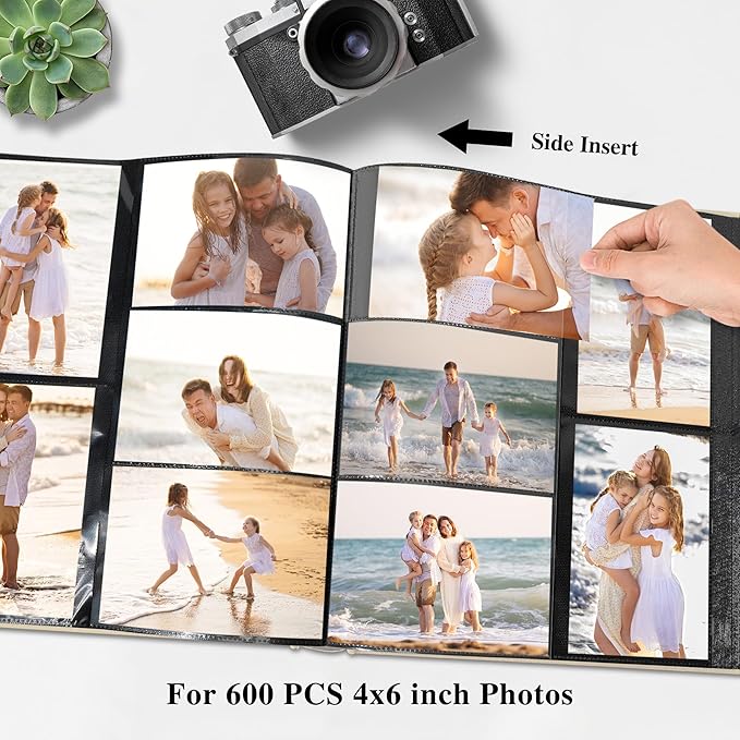 Photo Album Holds 600 Pockets with Linen Cover and Customizable Window, Fits 4x6 Photos, Archival Black Pages, Beige