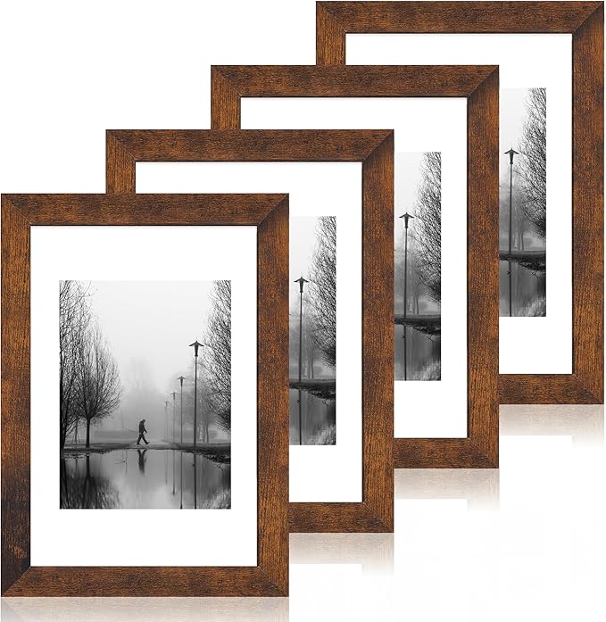 iRahmen 8x12 Picture Frame Set of 4 with High Definition Real Glass, Display 6x8 Pictures with Mat or 8 x 12 Without Mat, Wood Rustic Photo Frames for Tabletop and Wall Mounting