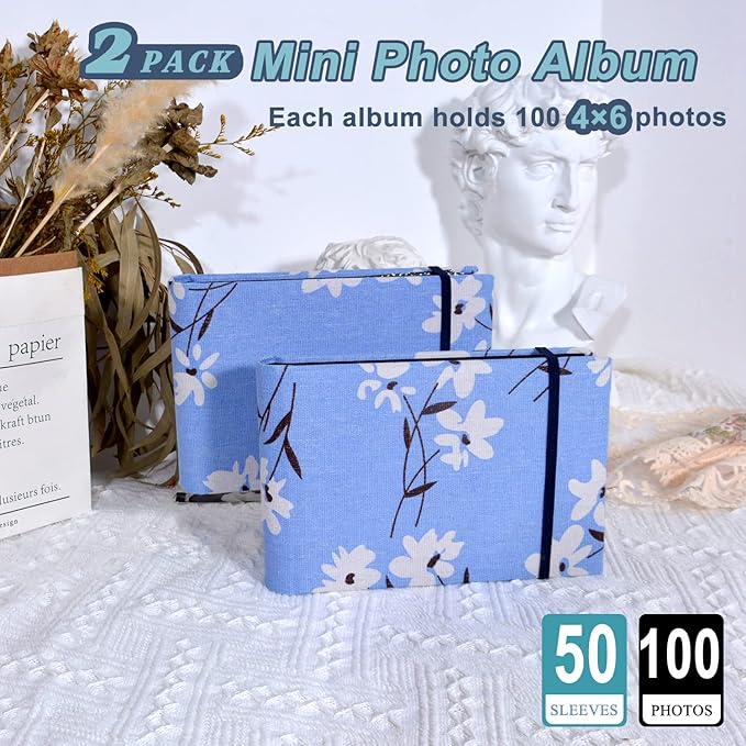 2PACK 4x6 Photo Album, 4x6 100 Pockets Linen Cover Photobook Small Capacity Pictures Book Easy to Classify and Portable for Wedding Family Baby Vacation (Blue + Flower)