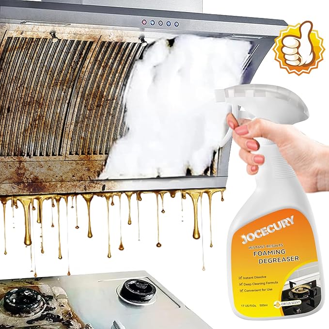 Jocecury 500ml Powerful Kitchen Degreaser Foam Spray – Multipurpose Grease Remover for Pots, Pans, Countertops & Appliances with 2-in-1 No-Rinse Dual Spray Nozzle (Lemon)