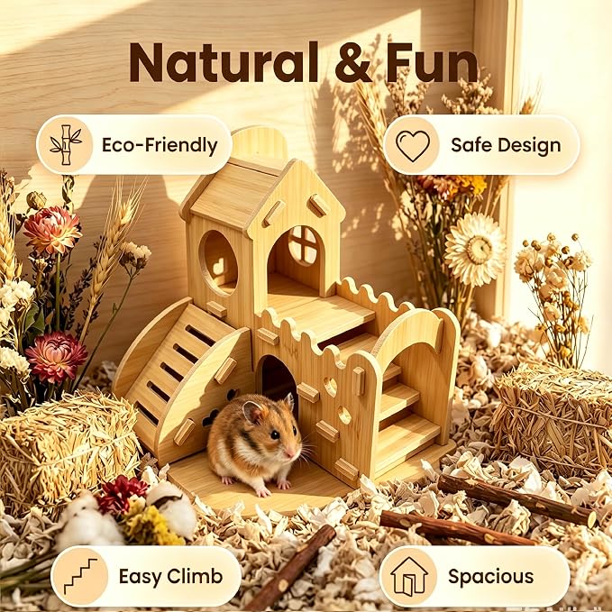 Wooden Hamster Hideout,House and Habitat with Climbing Ladder(Castle) | Hamster Hideout Cage Accessories,Very sturdy and bite-resistant for Mouse Mice Rat Other Small Animals
