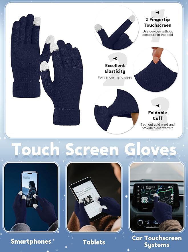 URATOT 4-In-1 Winter Warm Sets Knitted Scarf Touch Screen Gloves Beanie Pompom Hat and Winter Ear Warmer for Men or Women