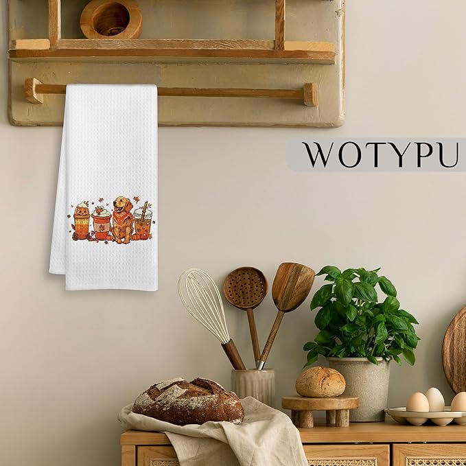 Fall Golden Retriever Coffee Kitchen Towels, Fall Halloween Pumpkin Coffee Dish Tea Towel for Kitchen, Farmhouse Autumn Maple Leaf Pine Cone Hand Towels for Bathroom Decor, 16x24 Inch