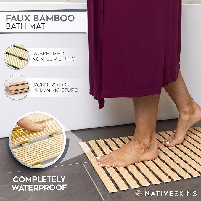 NativeSkins Faux Bamboo Bath Mat, Non-Slip Safety Lining, Bamboo Shower Mat, Waterproof, Quick-Drying, Mat for Spa, Sauna Mat, Teak Bath - Medium 16.9 x 25.2 inches