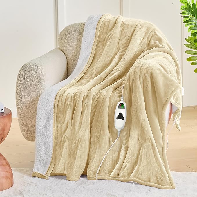 greenoak Heated Blanket Electric Throw 50"X60", Heating Blanket with 10 Heat Levels 8 Hours Auto-Off,Fleece Soft Blanket, Birthday Gifts for Grandma Seniors, Beige