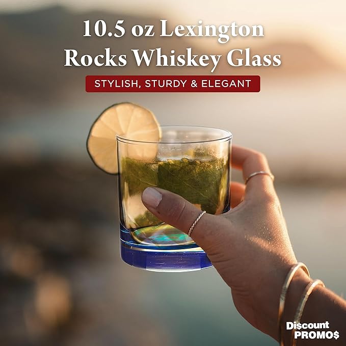 DISCOUNT PROMOS Lexington Rocks Whiskey Glass 10.5 oz, Set of 12, Bulk Pack - Perfect for Scotch, Bourbon, Whiskey, Cocktail - Blue