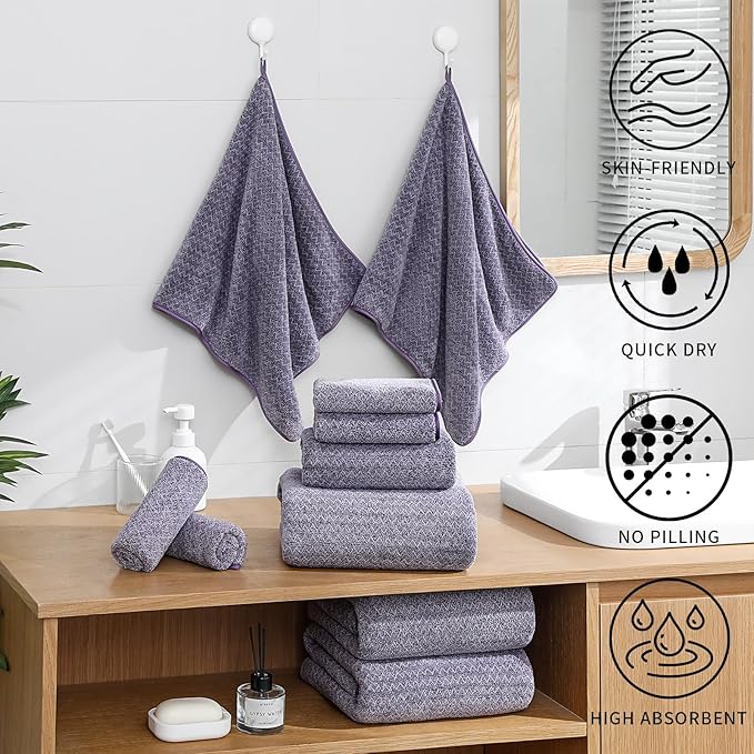 Ultra Soft Bath Towel Set,12 Piece (4 Bath Towels,4 Hand Towels,4 Washcloths) Family Bathroom Towels Set with Hanging Loop,Quick Dry Extra Absorbent Shower Towel for Bathroom,Hotel,Spa-Dark Purple
