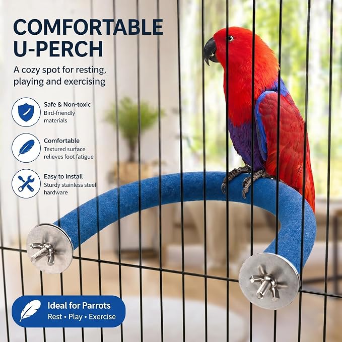 Rypet U-Shaped Large Parrot Perch, Quartz Bird Perch for Cage(Blue L) | Safe Chew & Rest Perch for Large Birds, Durable Non-Toxic Cage Accessory, for Parakeets Cockatiels Conures Macaws