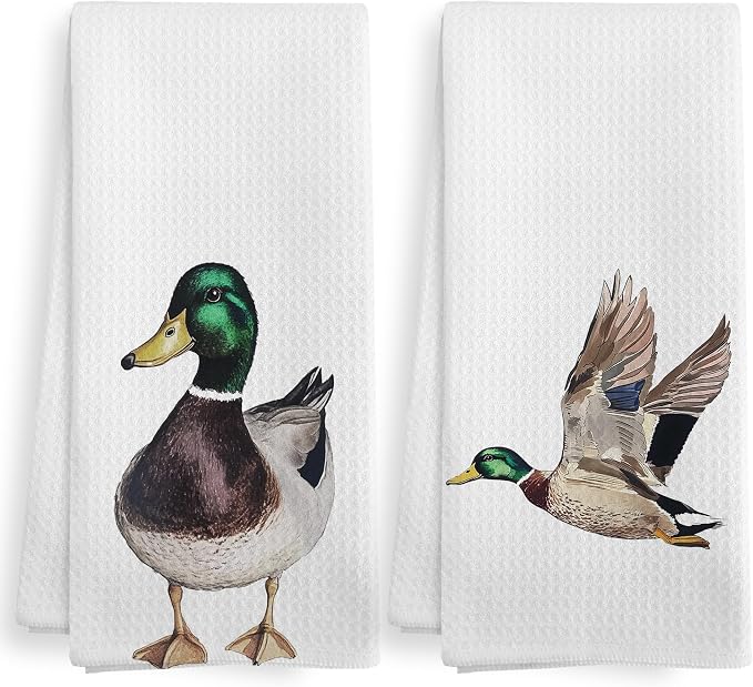 Funny Mallard Duck Kitchen Towels and Dishcloths Sets of 2, Mallard Duck Nursery Decor Gifts, Woodsy Rustic Farm Hunting Nursery Home Decor Dish Hand Tea Towels for Bathroom Kitchen,16x24Inch