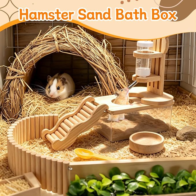 6Pcs Hamster Sand Bath Box Set Hamster Cage Accessories Hamsters Fence Toy | Hamster Bath Container Climbing Ladder Fence Toy Feeding Bowl Water Bottle Sand Shovel for Dwarf Gerbils Small Animals Pet