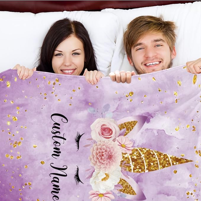 Personalized Horse Blanket with Name for Girl, Custom Name Blanket for Kids, Soft Flannel Purple Horse Toddler Blanket Customized Gift for Birthday Christmas Baby Shower Newborn Gift 60" X 80"