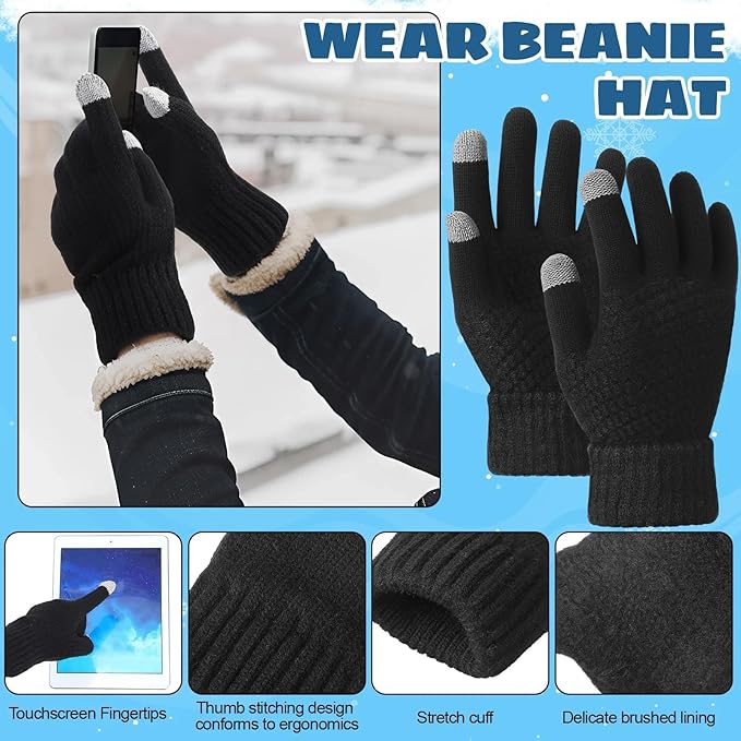 Geyoga 6 Pcs Winter Hat Scarf Gloves Set Knitted Touchscreen Gloves Plaid Scarf Earmuffs Socks Gift for Women Men