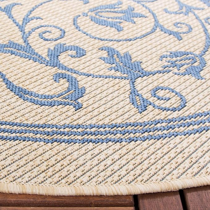 SAFAVIEH Washable Rug Outdoor Courtyard Collection - 6'7" Round, Natural & Blue, Non-Shedding & Easy Cleaning, Ideal for Patio, Backyard, Mudroom (CY2098-3101)