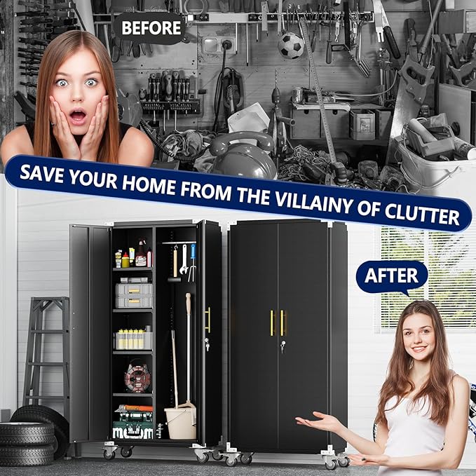 71" Broom Storage Cabinet, Cleaning Tool Storage Cabinet, Garage Utility Storage with Hooks and Hanging Rods, Heavy Duty Garden Tool Organizer, for Home, Garage, Laundry Room, Gym, Workshop.