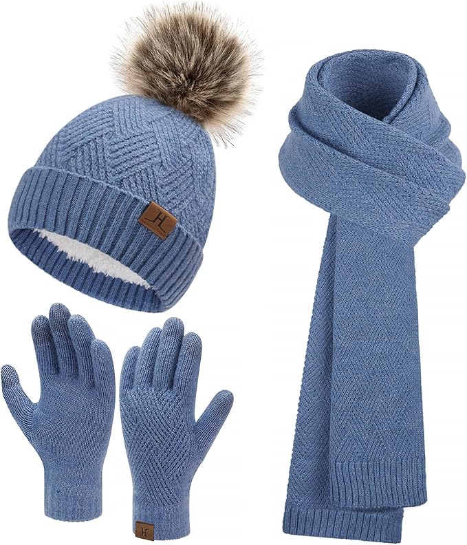 Womens Winter Warm Knit Beanie Hat Long Scarf Touchscreen Gloves Set with Fleece Lined Pom Skull Cap Gifts for Women