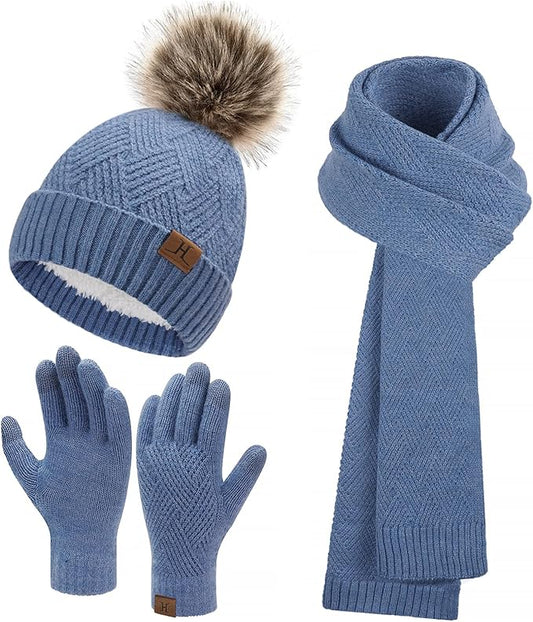 Womens Winter Warm Knit Beanie Hat Long Scarf Touchscreen Gloves Set with Fleece Lined Pom Skull Cap Gifts for Women