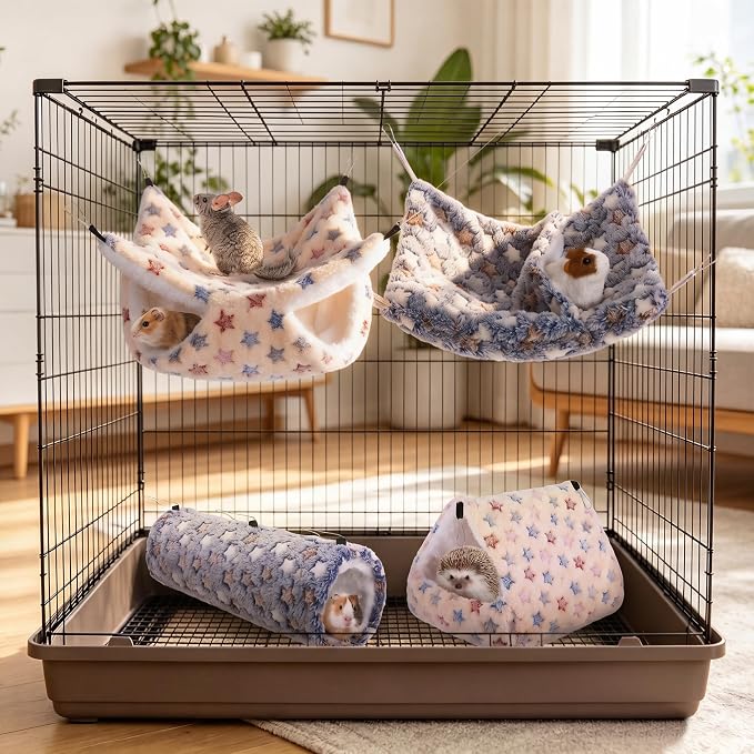 MCEAST 4 Pieces Small Pets Cage Accessories Hanging Hammock Sleeping Bag Tunnel and Bed Hideout Set Warm Sleep Nap Sack Bed for Hamster Ferret Squirrel Rabbit, Light Brown and Gray Stars