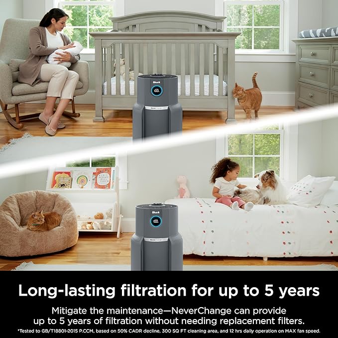 Shark Air Purifier for Home, NeverChange Max, 1,300 sq. ft. for Large Room, Kitchen, Home Office, HEPA-Exceeding Filter, Captures Pollutants, Pet Dander, Dust, Odor, Smoke, and More, HP301, Grey