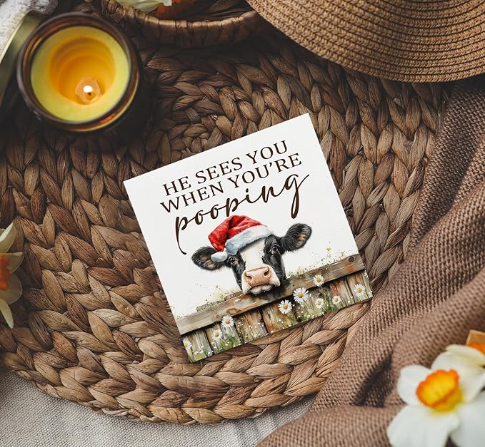 Christmas cows Home Bathroom Decor Sign - Farmhouse Western Christmas Animal Bathroom Decor,Rustic Farm Animal He Sees You When You're Pooping Signs,cows Gifts for Women