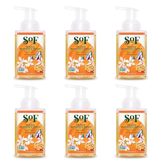 SoF Hydrating Foaming Hand Wash - With Organic Agave Nectar & Coconut Oil- Vegan & Non GMO- Free From Phthalates, Sulfates & Parabens- Orange Blossom & Honey - 8 oz Bottle 6 Pack