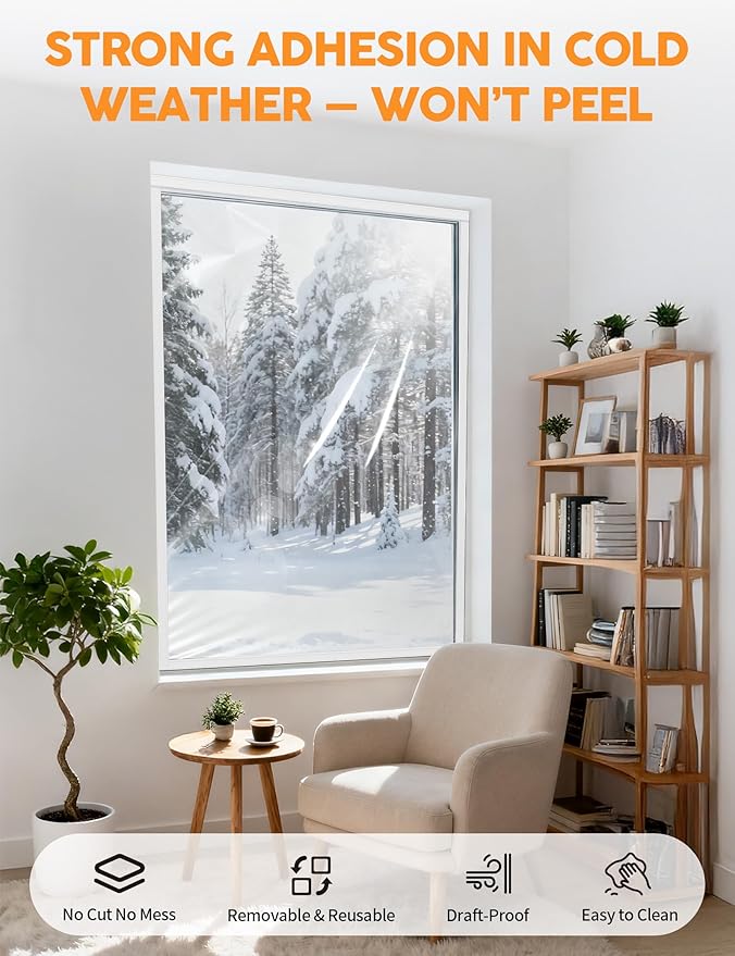 Ready-to-Install Plastic Window Insulation Film 39″×63″ (Fits 36″×60″ Windows), Reusable Clear Draft Protection Window Cover with Built-in Hook & Loop Edge, No Cutting or Messy Tape
