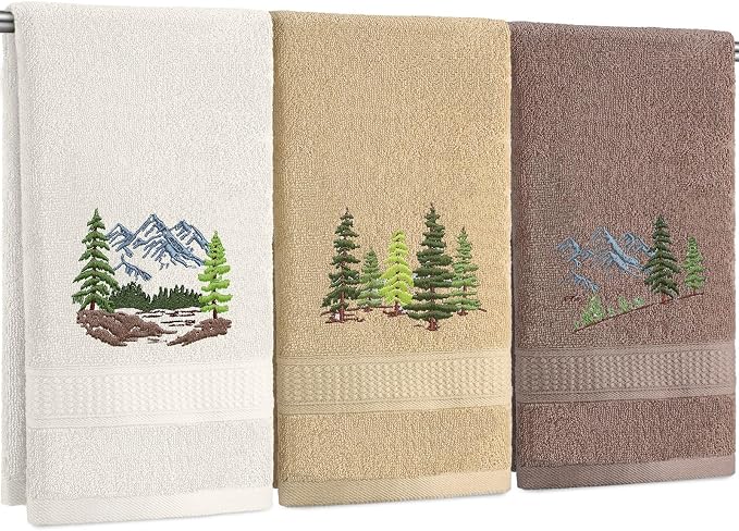 3 Pcs Mountain Hand Towels Farmhouse Decorative Bathroom | Towels Set 13. 3 x 29. 5'' Pine Trees Lodge Lake, Embroidered 100% Cotton for Home Bathroom Kitchen Decor