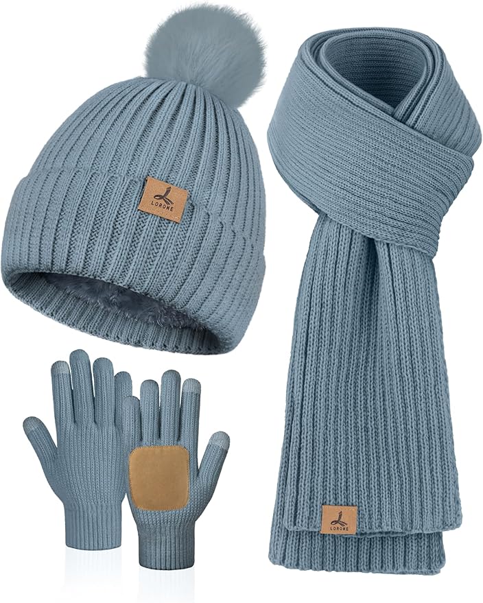 LOROME Women Winter Beanie Hat Scarf Gloves Set, Fleece Knitted Pompom Hat Warm Neck Scarf Touchscreen Gloves Winter Gift